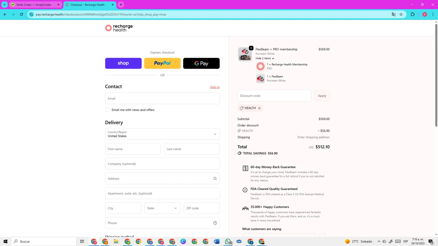 Recharge Health promo code screenshot showing code HEALTH applied at Recharge Health checkout page. Uploaded by SimplyCodes community member CleverElite3562 on Oct 29, 2025