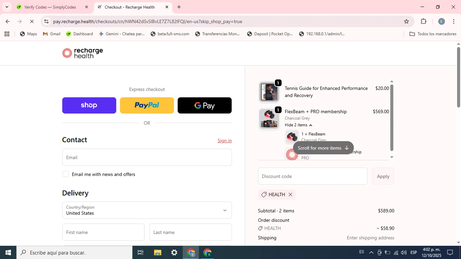 Recharge Health promo code screenshot showing code HEALTH applied at Recharge Health checkout page. Uploaded by SimplyCodes community member Esteban on Oct 12, 2025