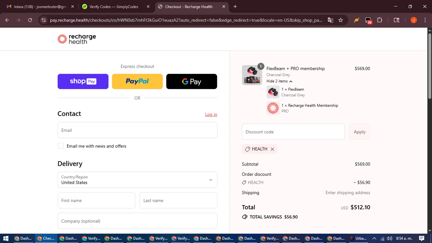 Recharge Health promo code screenshot showing code HEALTH applied at Recharge Health checkout page. Uploaded by SimplyCodes community member NobleAce2304 on Jul 21, 2025
