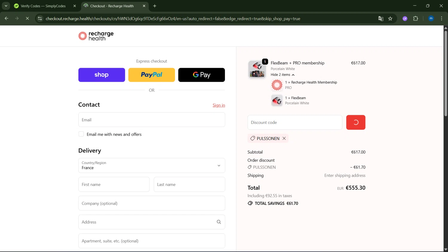 Recharge Health promo code screenshot showing code pulssonen applied at Recharge Health checkout page. Uploaded by SimplyCodes community member GloriousSpotter8024 on Oct 2, 2025