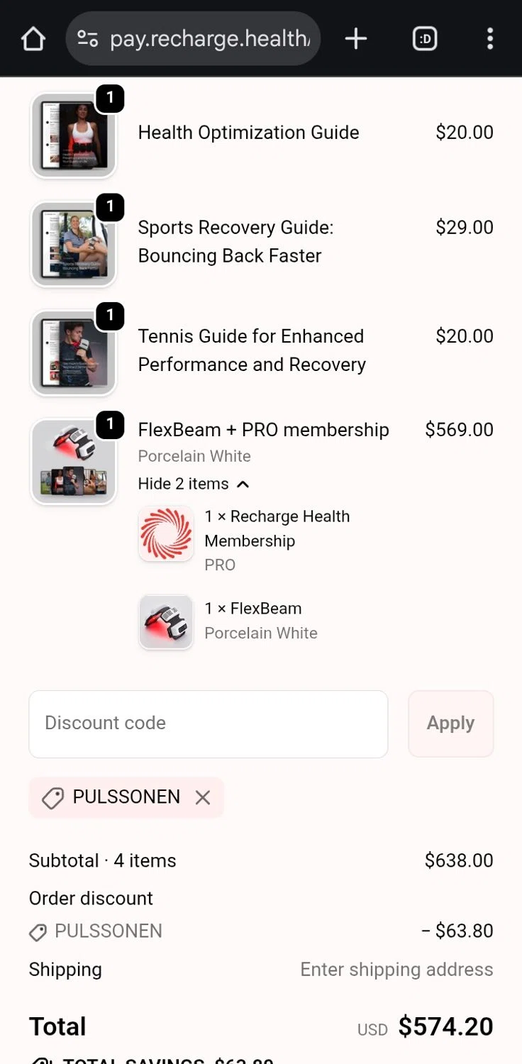 Recharge Health promo code screenshot showing code pulssonen applied at Recharge Health checkout page. Uploaded by SimplyCodes community member ValiantCurator3344 on Oct 30, 2025