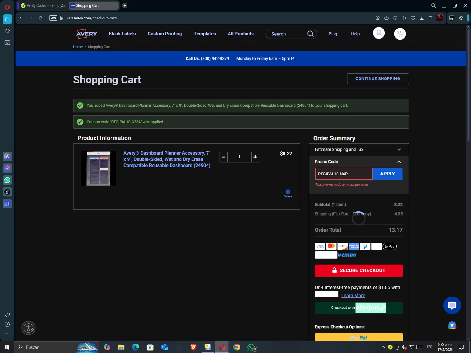 ReciPal promo code screenshot showing code RECIPAL10-N6P applied at ReciPal checkout page. Uploaded by SimplyCodes community member hollowknight on Mar 17, 2025