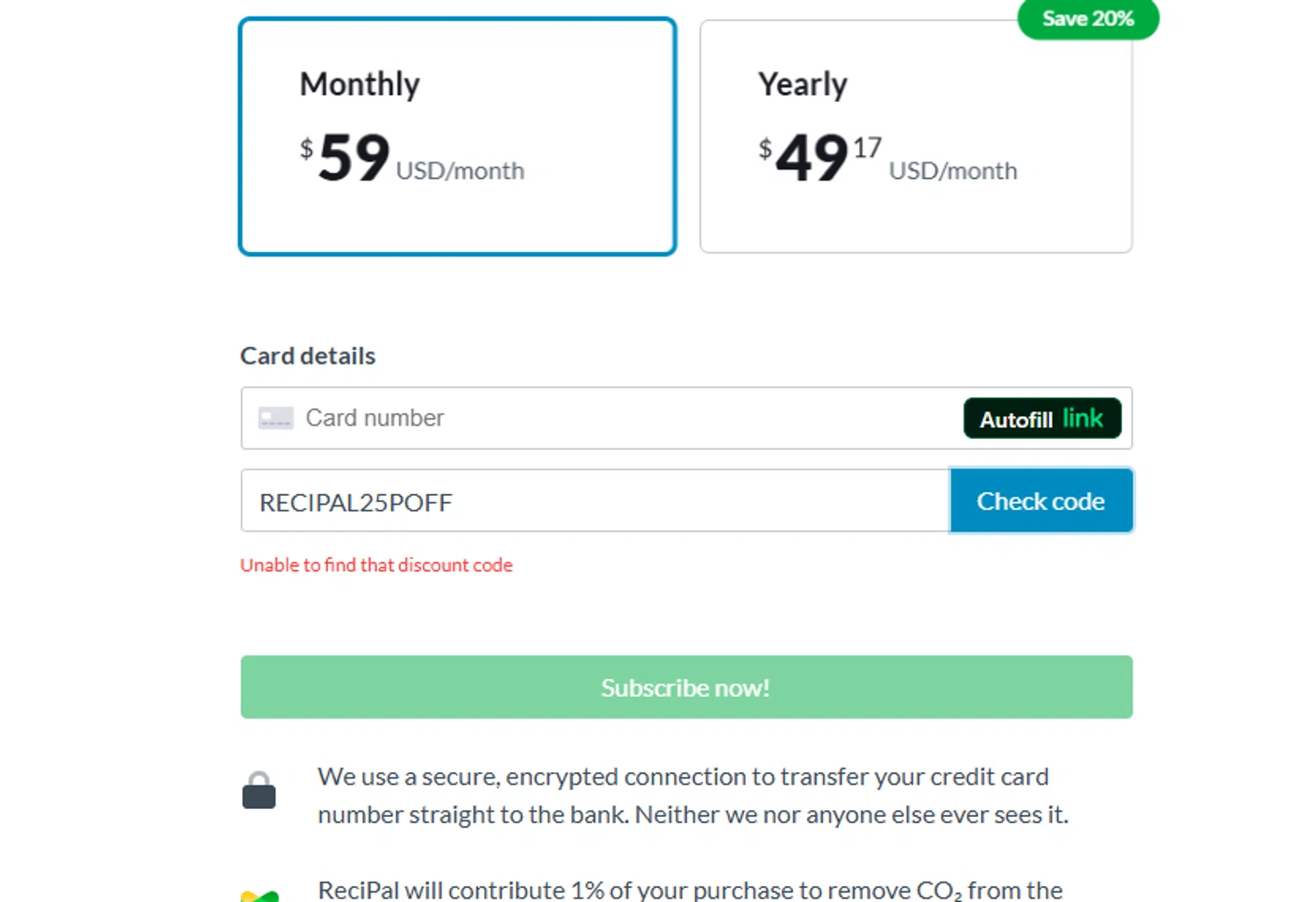 ReciPal promo code screenshot showing code RECIPAL25POFF applied at ReciPal checkout page. Uploaded by SimplyCodes community member DRINKI on Jul 18, 2025