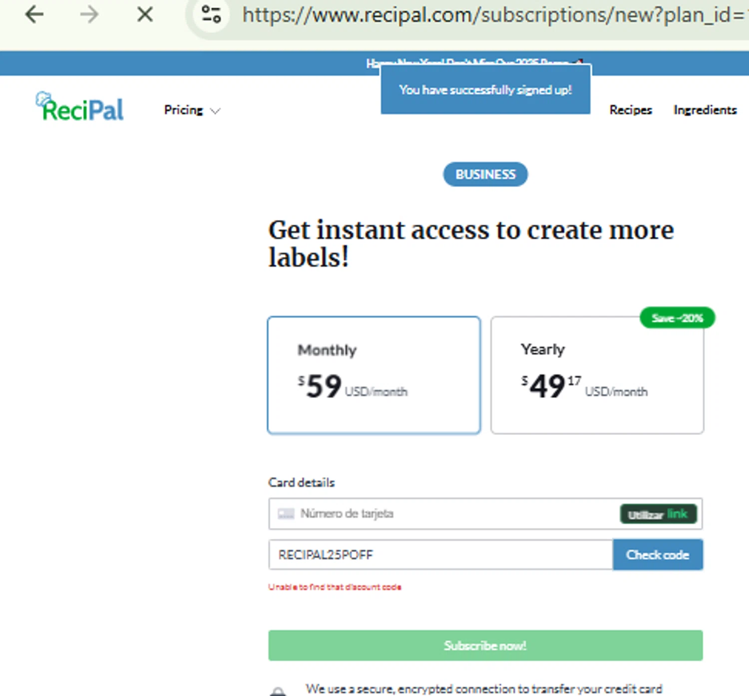 ReciPal promo code screenshot showing code RECIPAL25POFF applied at ReciPal checkout page. Uploaded by SimplyCodes community member RewardFinder4836 on Feb 1, 2026