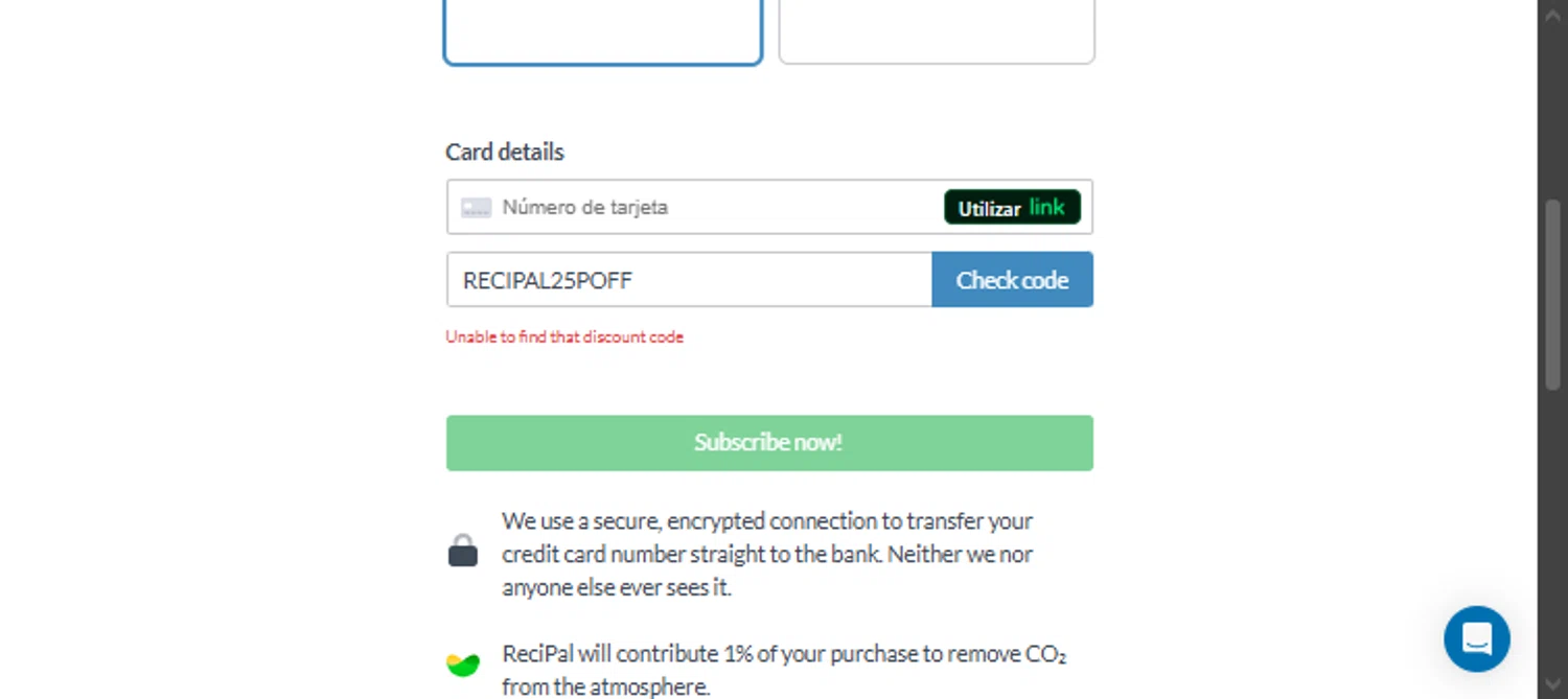 ReciPal promo code screenshot showing code RECIPAL25POFF applied at ReciPal checkout page. Uploaded by SimplyCodes community member TraxoGamer on Feb 19, 2026