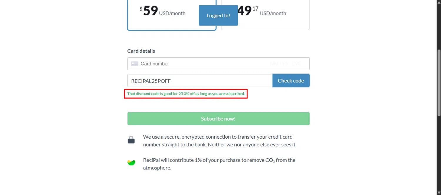 ReciPal promo code screenshot showing code RECIPAL25POFF applied at ReciPal checkout page. Uploaded by SimplyCodes community member noworries on Feb 13, 2026