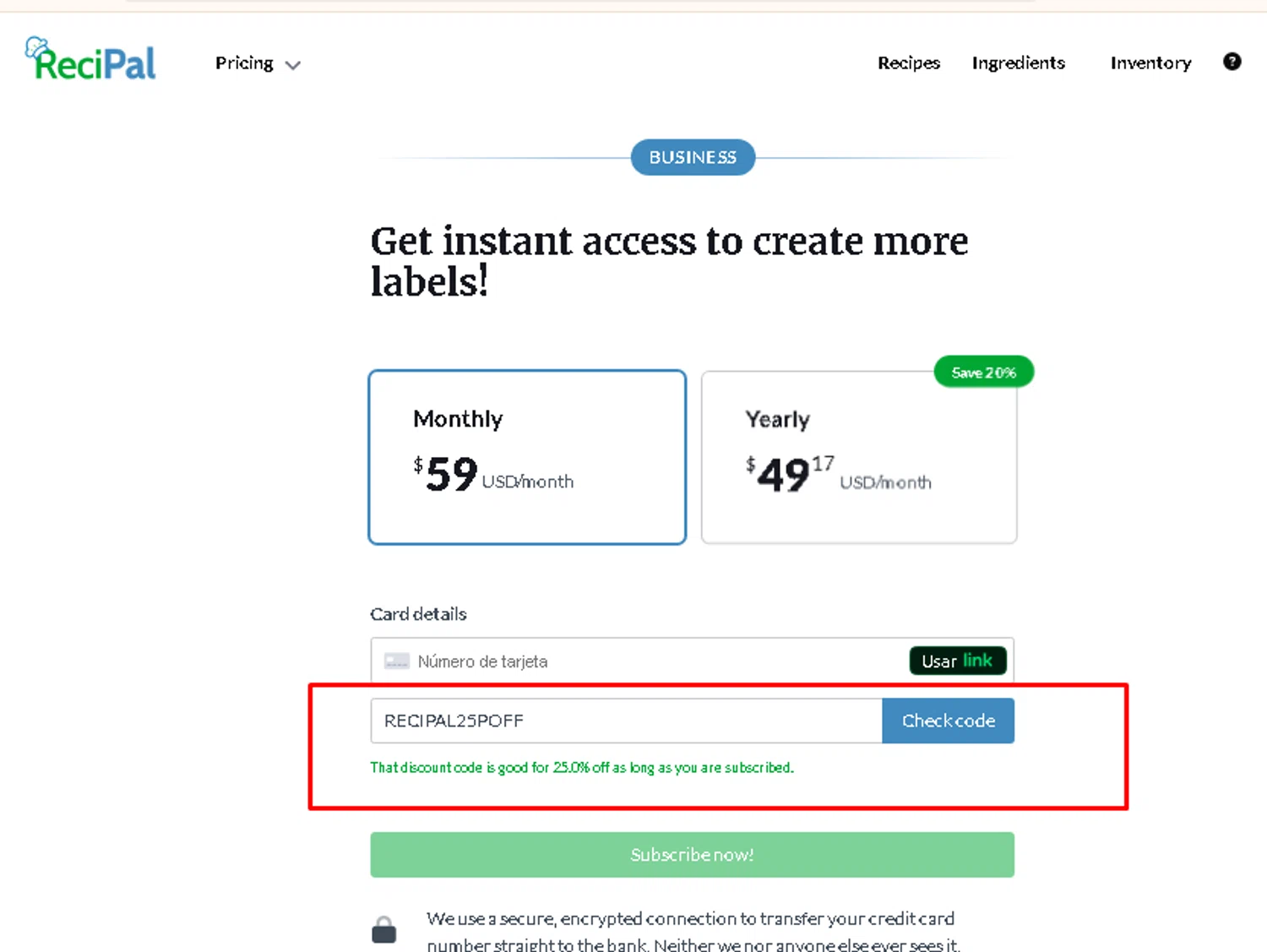 ReciPal promo code screenshot showing code RECIPAL25POFF applied at ReciPal checkout page. Uploaded by SimplyCodes community member AMANDA2681 on Dec 28, 2025