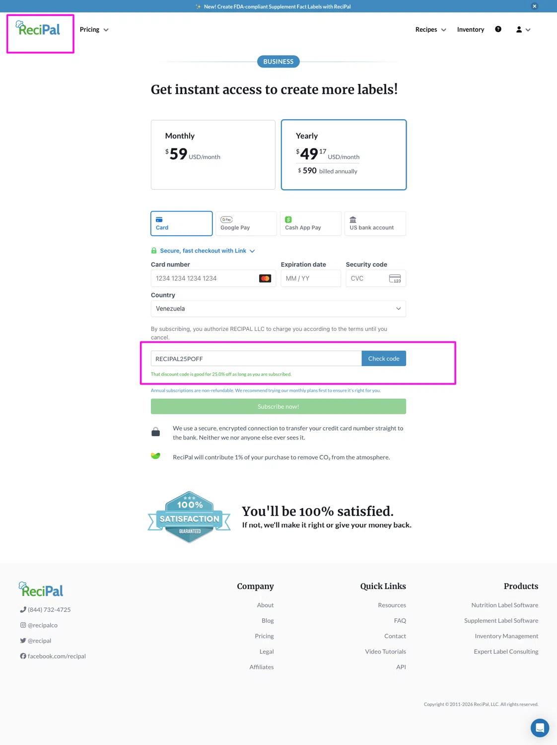 ReciPal promo code screenshot showing code RECIPAL25POFF applied at ReciPal checkout page. Uploaded by SimplyCodes community member chandlerbing on May 25, 2026