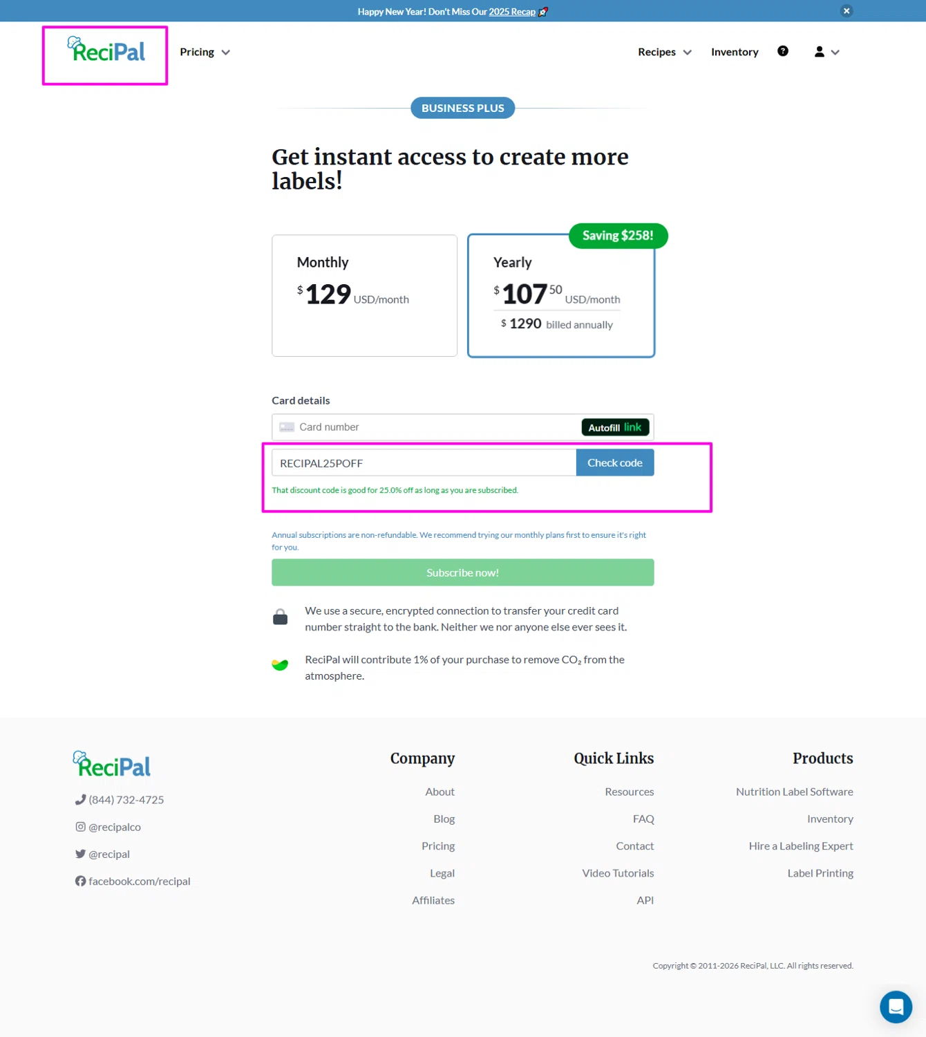 ReciPal promo code screenshot showing code RECIPAL25POFF applied at ReciPal checkout page. Uploaded by SimplyCodes community member mrdarcy on Mar 6, 2026