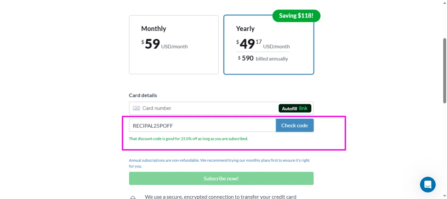 ReciPal promo code screenshot showing code RECIPAL25POFF applied at ReciPal checkout page. Uploaded by SimplyCodes community member mrdarcy on Jan 24, 2026