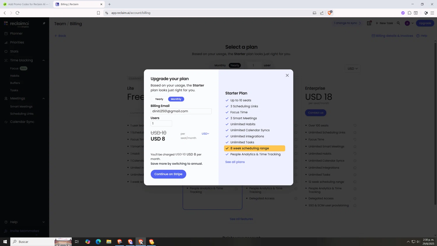 Reclaim AI promo code screenshot showing code SUMMER20 applied at Reclaim AI checkout page. Uploaded by SimplyCodes community member VictoriousDefender7352 on Aug 29, 2025