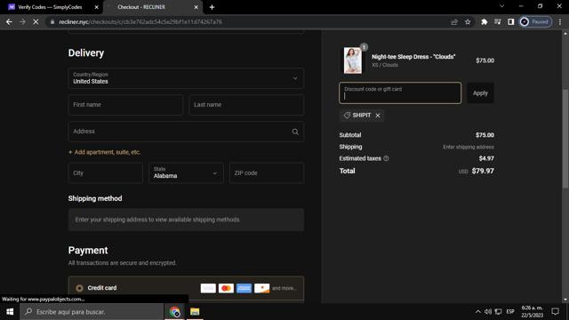 Recliner checkout page showing Recliner discount code box | Screenshot taken by SimplyCodes community member on May 22, 2023