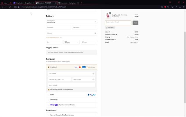 Recliner checkout page showing Recliner discount code box | Screenshot taken by SimplyCodes community member on May 5, 2023