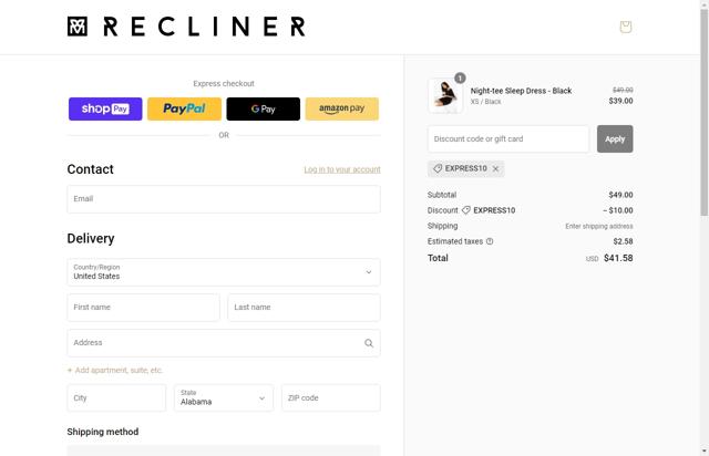 Recliner checkout page showing Recliner discount code box | Screenshot taken by SimplyCodes community member on May 10, 2023