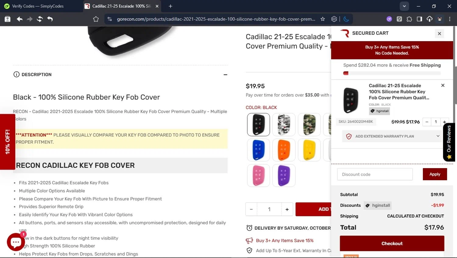 RECON promo code screenshot showing code HGINSTALL applied at RECON checkout page. Uploaded by SimplyCodes community member BrilliantTitan6909 on Oct 3, 2025