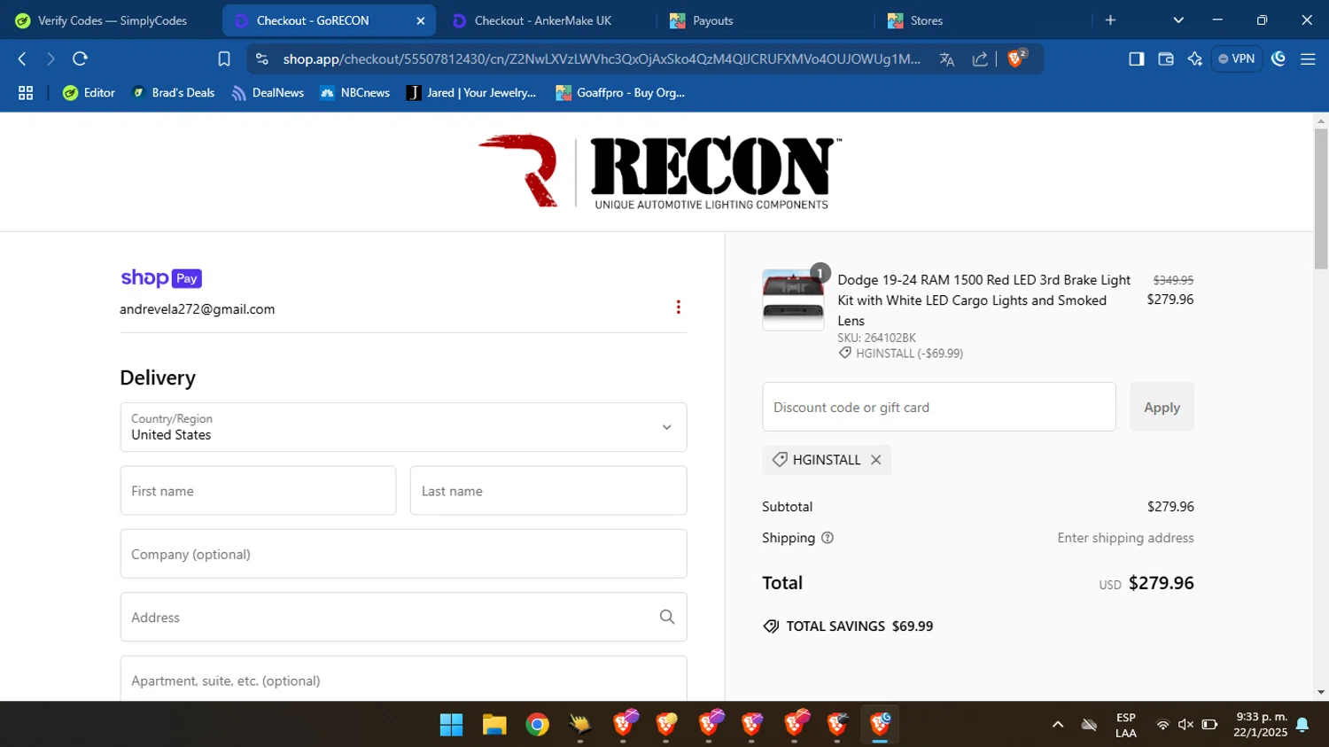 RECON promo code screenshot showing code HGINSTALL applied at RECON checkout page. Uploaded by SimplyCodes community member Covid19 on Jan 23, 2025