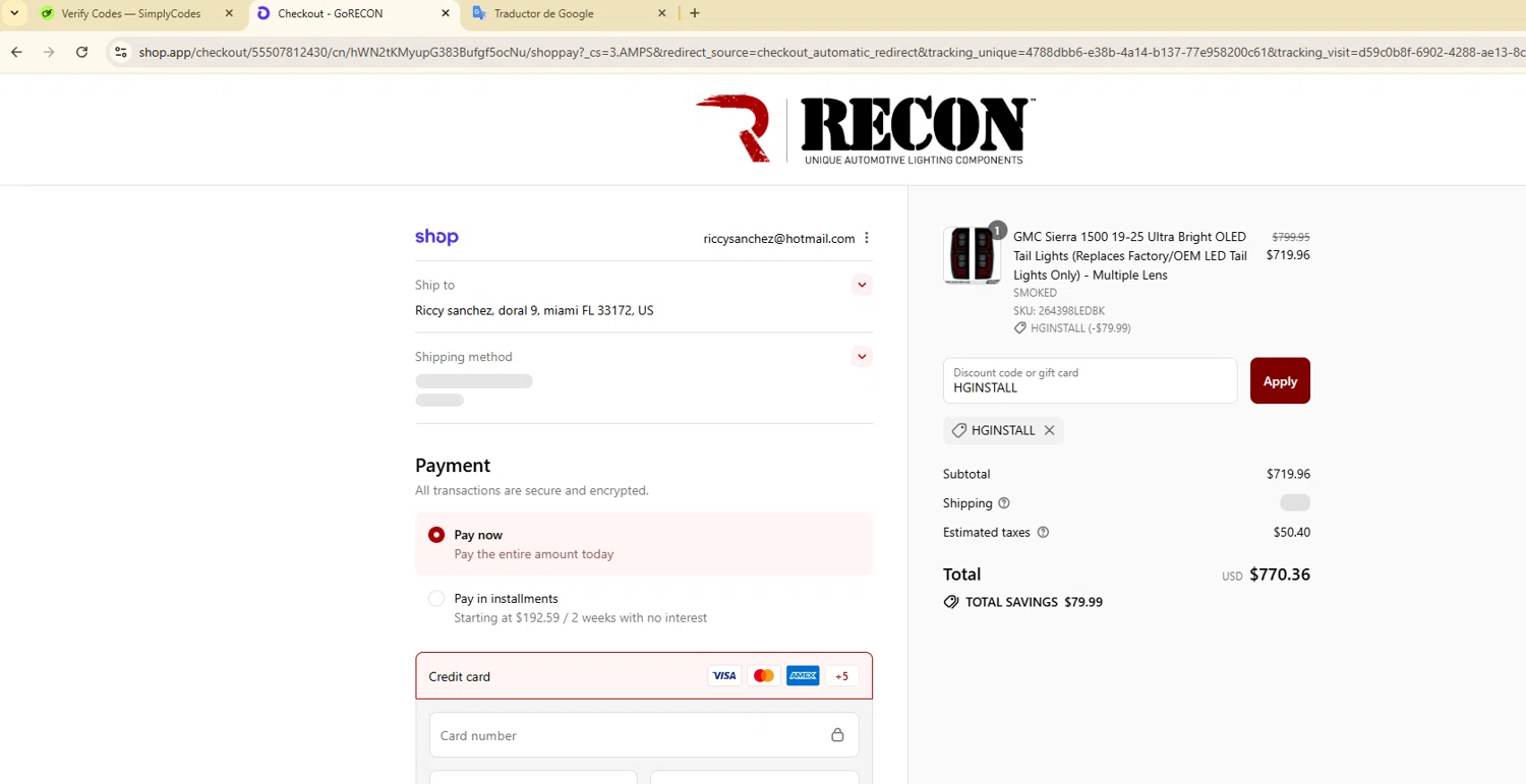RECON promo code screenshot showing code HGINSTALL applied at RECON checkout page. Uploaded by SimplyCodes community member ShieldTitan9442 on Sep 12, 2025