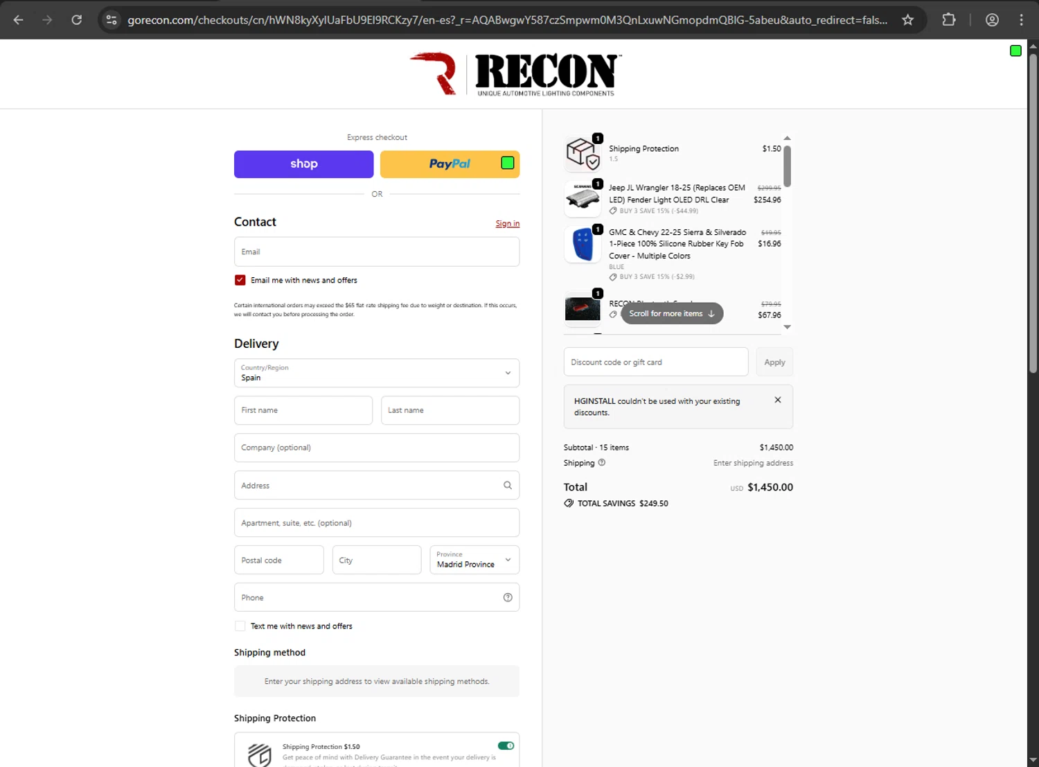 RECON checkout page showing RECON promo code box | Screenshot taken by SimplyCodes community member on Feb 14, 2026