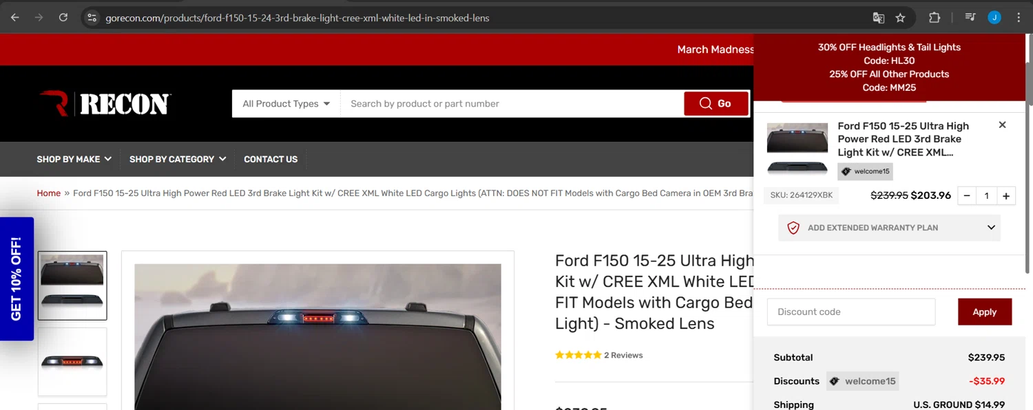 RECON promo code screenshot showing code WELCOME15 applied at RECON checkout page. Uploaded by SimplyCodes community member Jeanjc on Mar 24, 2025