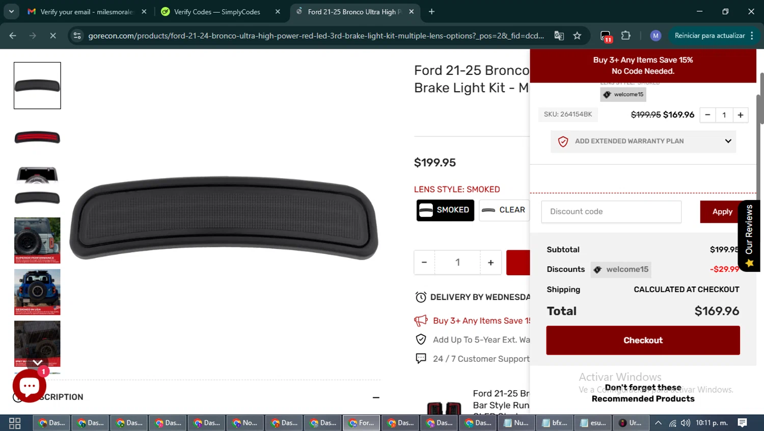 RECON promo code screenshot showing code WELCOME15 applied at RECON checkout page. Uploaded by SimplyCodes community member PrimeFox5260 on Oct 15, 2025