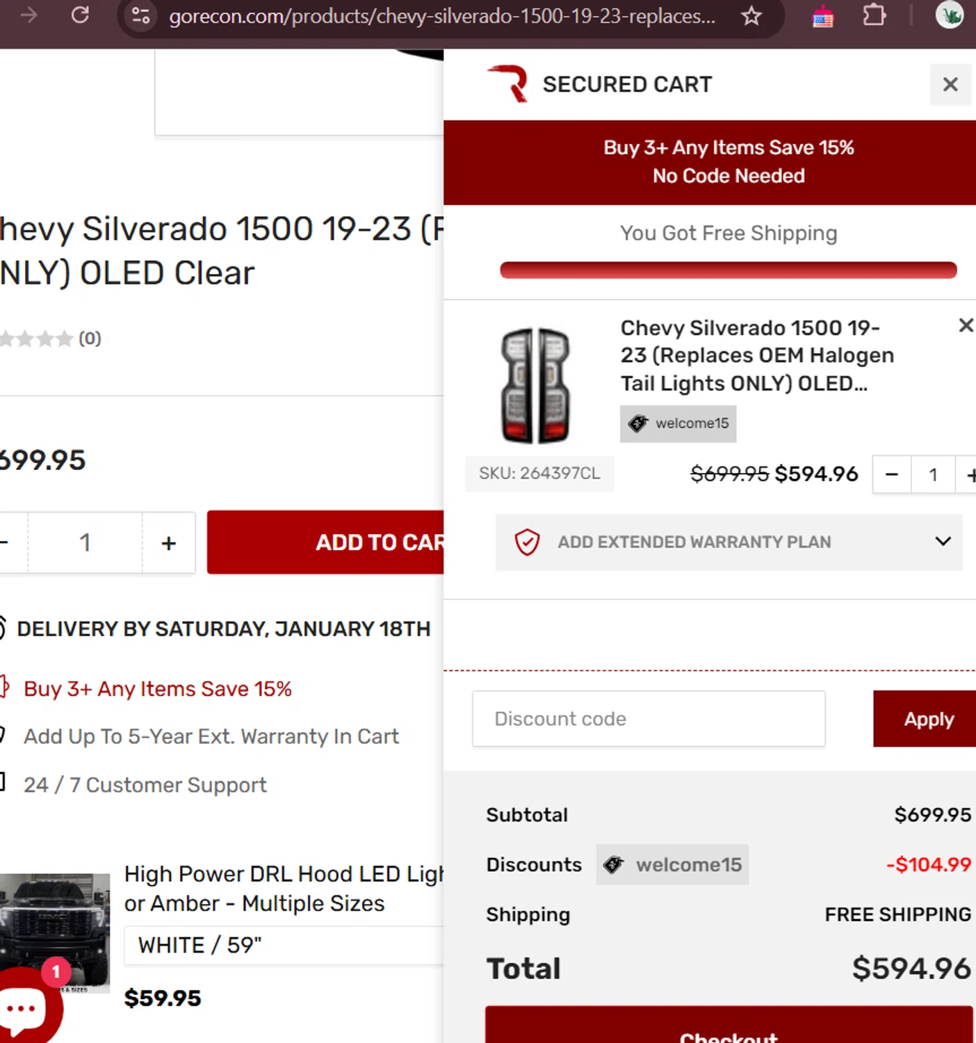 RECON promo code screenshot showing code WELCOME15 applied at RECON checkout page. Uploaded by SimplyCodes community member lukeCallahannn on Jan 18, 2025