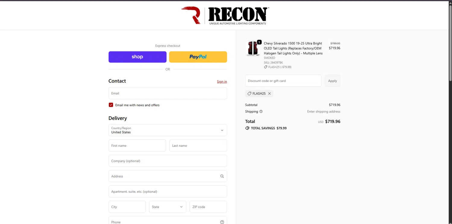 RECON promo code screenshot showing code FLASH25 applied at RECON checkout page. Uploaded by SimplyCodes community member Carlosramirez09 on Jan 2, 2026