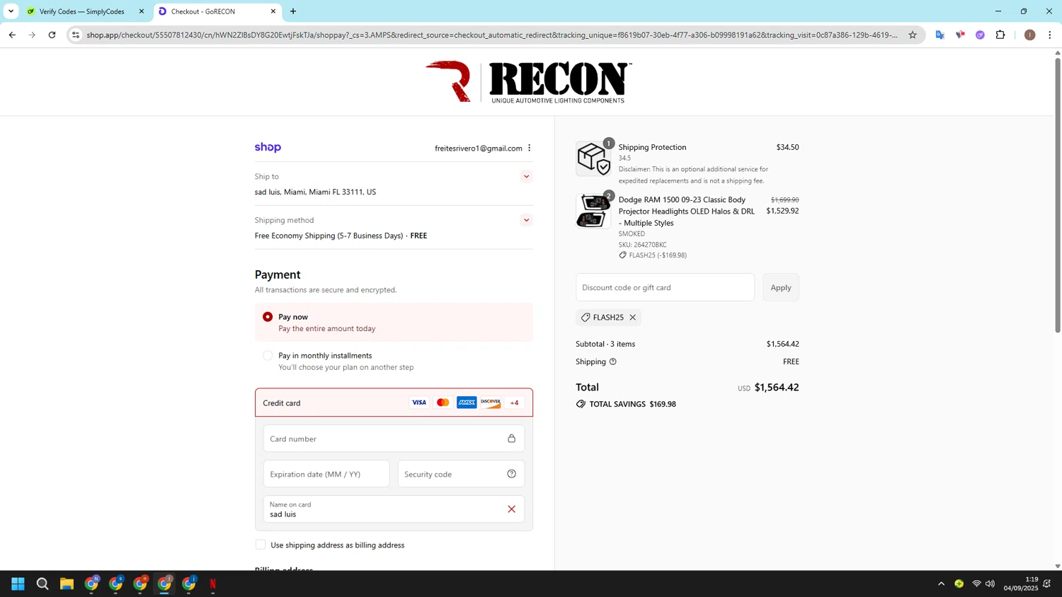 RECON promo code screenshot showing code FLASH25 applied at RECON checkout page. Uploaded by SimplyCodes community member CashSleuth106 on Sep 4, 2025