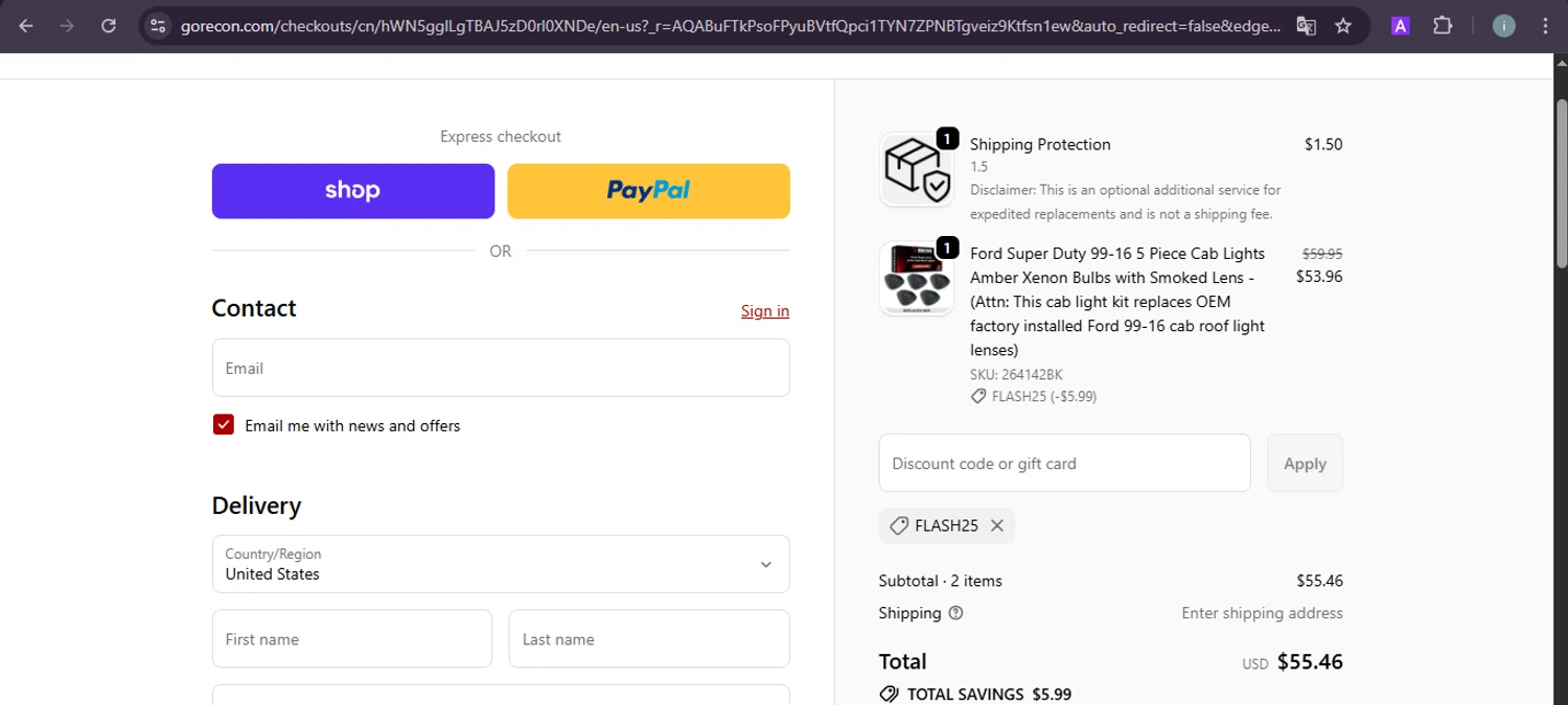 RECON promo code screenshot showing code FLASH25 applied at RECON checkout page. Uploaded by SimplyCodes community member PrimeSentinel5869 on Nov 25, 2025