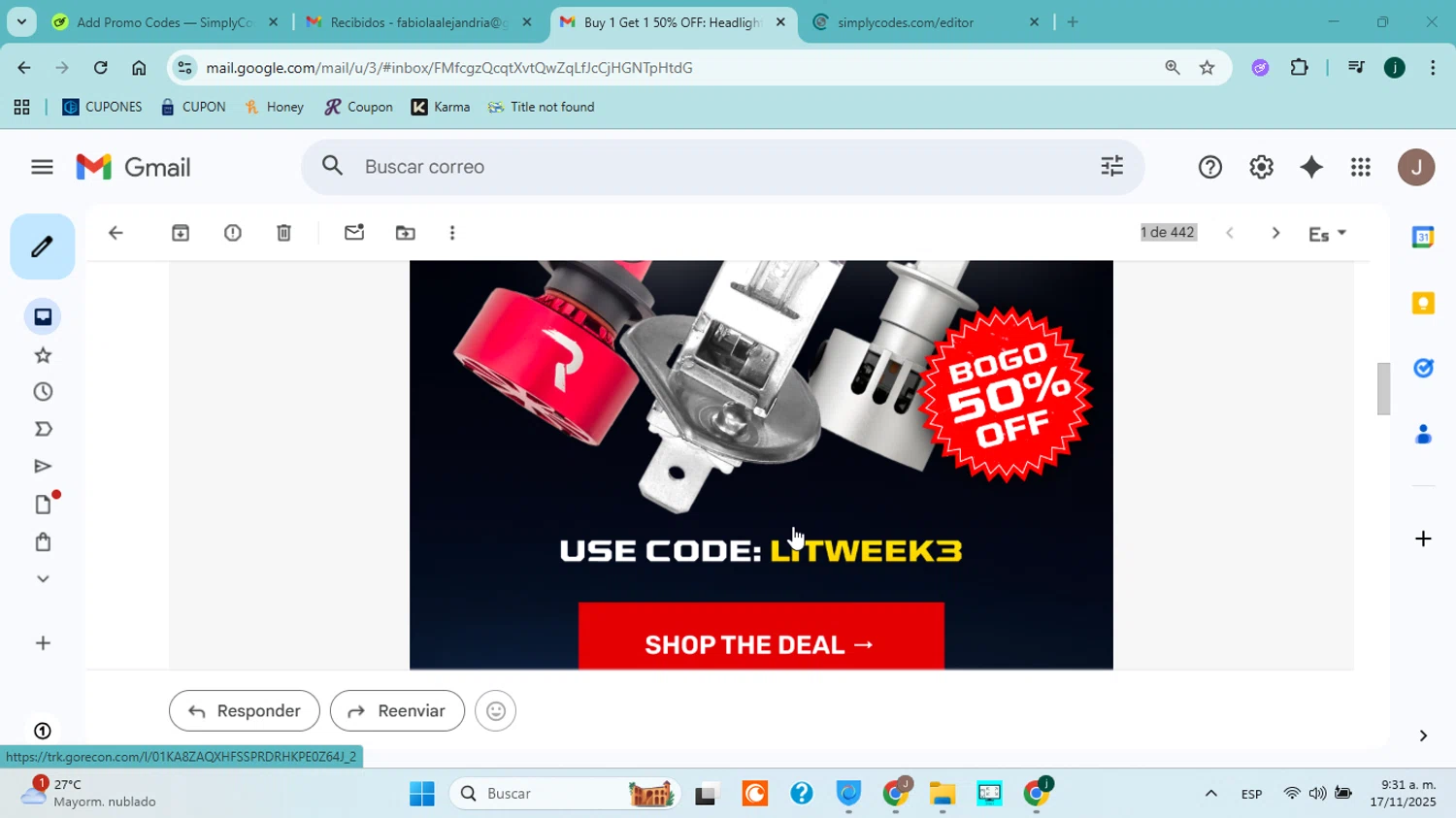 RECON promo code screenshot showing code LITWEEK3 applied at RECON checkout page. Uploaded by SimplyCodes community member ABHF23 on Nov 17, 2025
