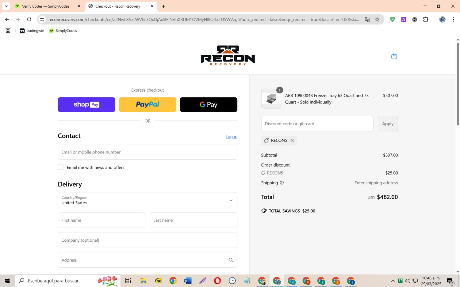 Reconrecovery promo code screenshot showing code Recon5 applied at Reconrecovery checkout page. Uploaded by SimplyCodes community member JoseH45 on Mar 29, 2025