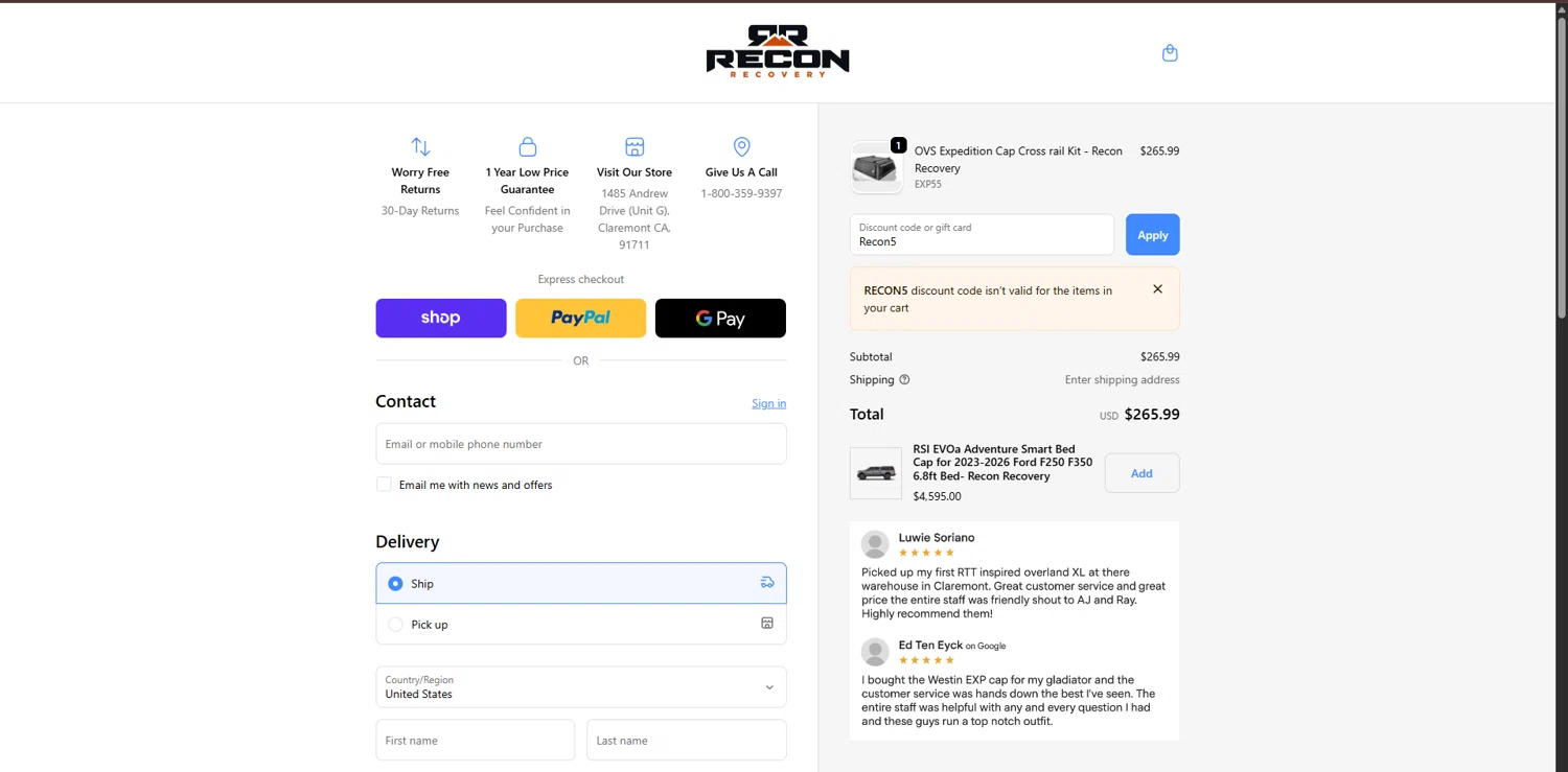 Reconrecovery promo code screenshot showing code Recon5 applied at Reconrecovery checkout page. Uploaded by SimplyCodes community member ValueGenius9720 on Nov 2, 2025