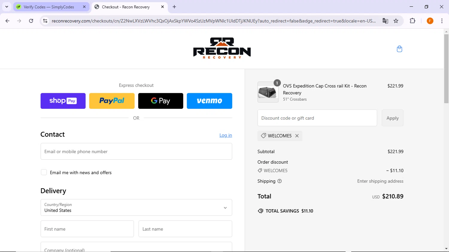 Reconrecovery promo code screenshot showing code Welcome5 applied at Reconrecovery checkout page. Uploaded by SimplyCodes community member TreasureSleuth5198 on Jan 31, 2025