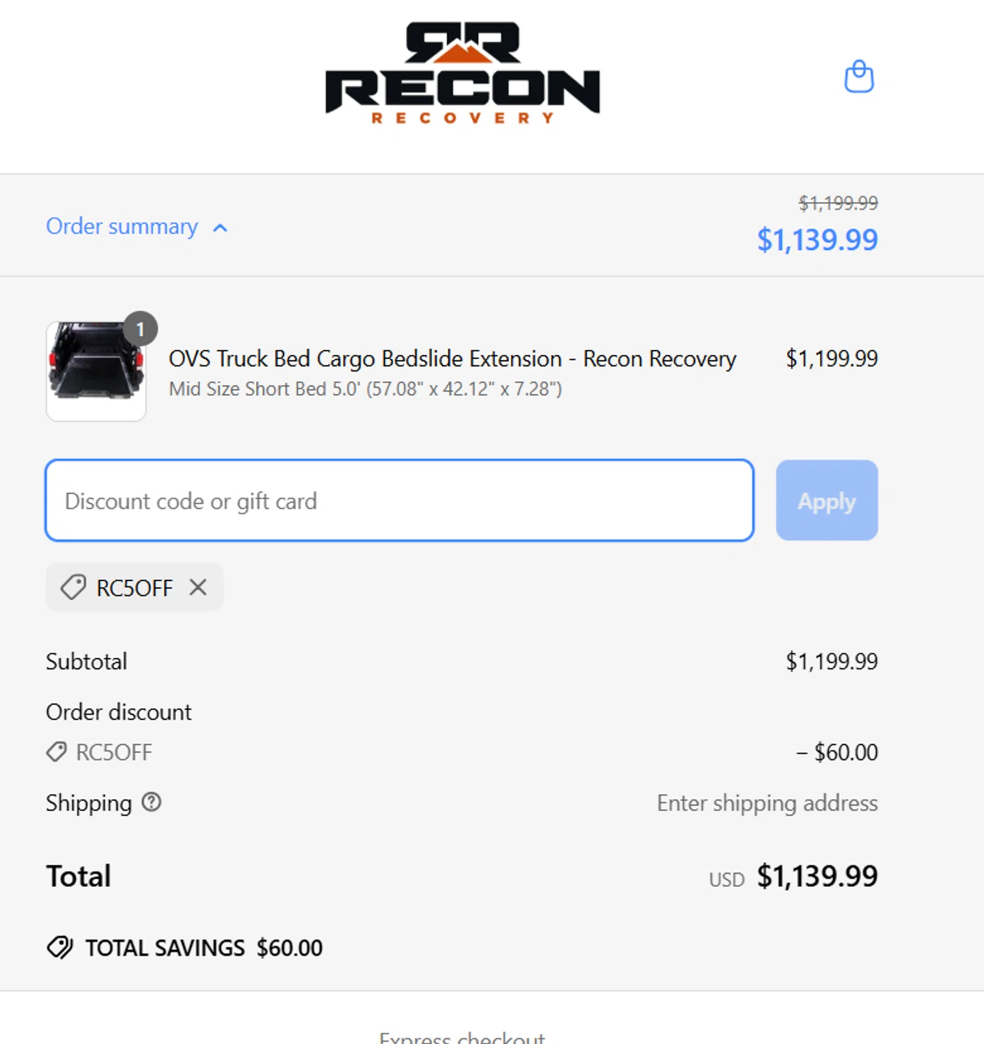 Reconrecovery promo code screenshot showing code RC5OFF applied at Reconrecovery checkout page. Uploaded by SimplyCodes community member Sethrollins on Mar 27, 2025
