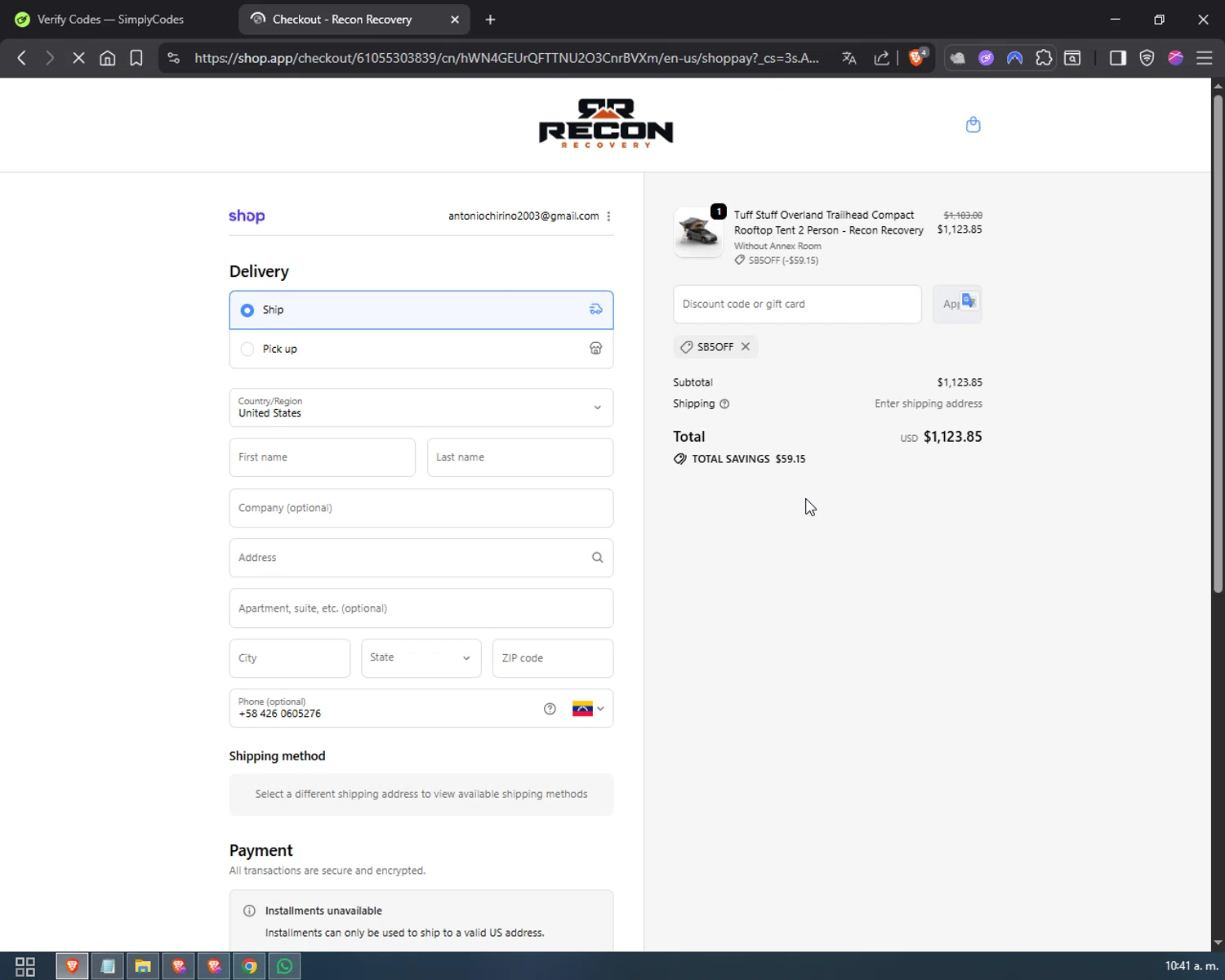 Reconrecovery promo code screenshot showing code SB5OFF applied at Reconrecovery checkout page. Uploaded by SimplyCodes community member Heibk201 on Oct 18, 2025
