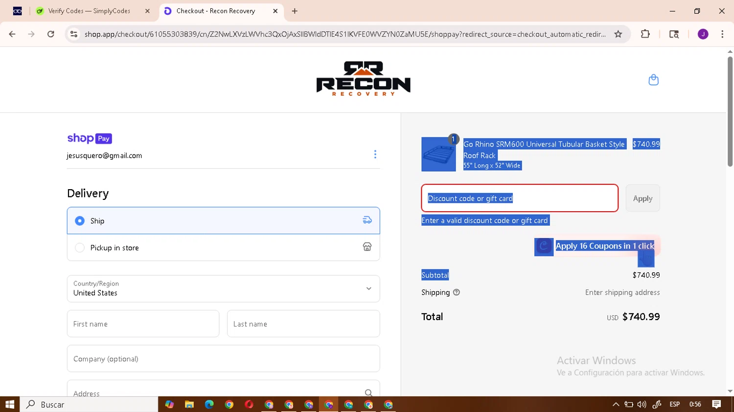Reconrecovery promo code screenshot showing code SAVE5 applied at Reconrecovery checkout page. Uploaded by SimplyCodes community member jordangar on Jun 22, 2025