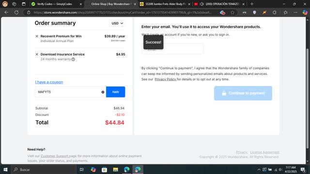Recoverit checkout page showing Recoverit promo code box | Screenshot taken by SimplyCodes community member on Apr 22, 2025