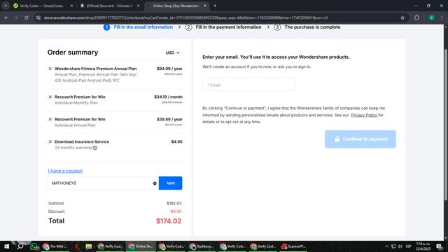 Recoverit checkout page showing Recoverit promo code box | Screenshot taken by SimplyCodes community member on Apr 22, 2025