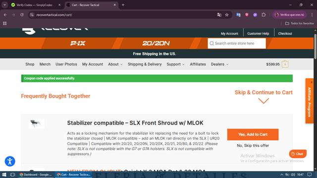 Recover Tactical checkout page showing Recover Tactical coupon code box | Screenshot taken by SimplyCodes community member on Jun 27, 2025