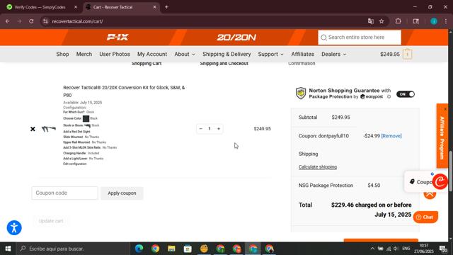 Recover Tactical checkout page showing Recover Tactical coupon code box | Screenshot taken by SimplyCodes community member on Jun 27, 2025