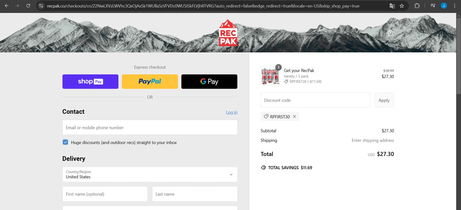 Recpak promo code screenshot showing code RPFIRST30 applied at Recpak checkout page. Uploaded by SimplyCodes community member Jeanjc on Feb 24, 2025