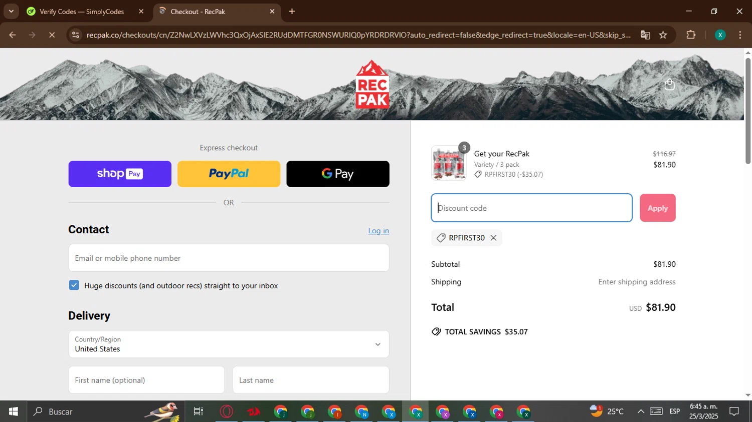 Recpak promo code screenshot showing code RPFIRST30 applied at Recpak checkout page. Uploaded by SimplyCodes community member BonusWarden6019 on Mar 25, 2025