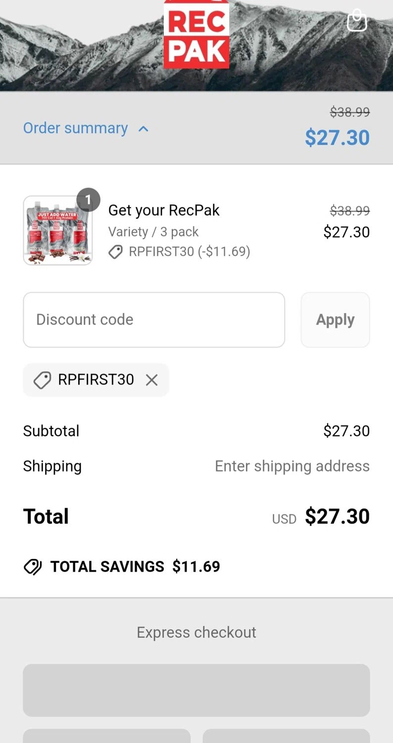 Recpak promo code screenshot showing code RPFIRST30 applied at Recpak checkout page. Uploaded by SimplyCodes community member jhonaikellgonzalez on Apr 23, 2025