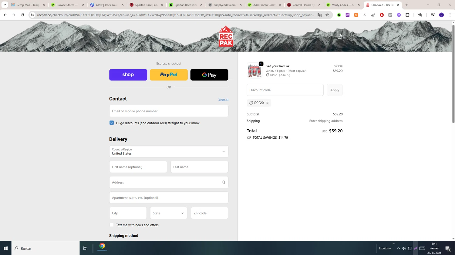 Recpak promo code screenshot showing code DPF20 applied at Recpak checkout page. Uploaded by SimplyCodes community member LAGUGU on Nov 21, 2025