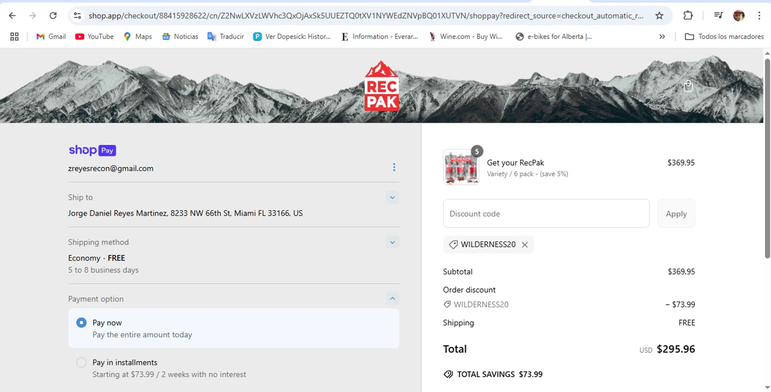 Recpak promo code screenshot showing code wilderness20 applied at Recpak checkout page. Uploaded by SimplyCodes community member DanyRey10 on Mar 8, 2025