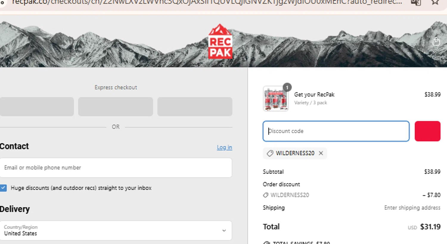 Recpak promo code screenshot showing code wilderness20 applied at Recpak checkout page. Uploaded by SimplyCodes community member BudgetLion5814 on Apr 6, 2025