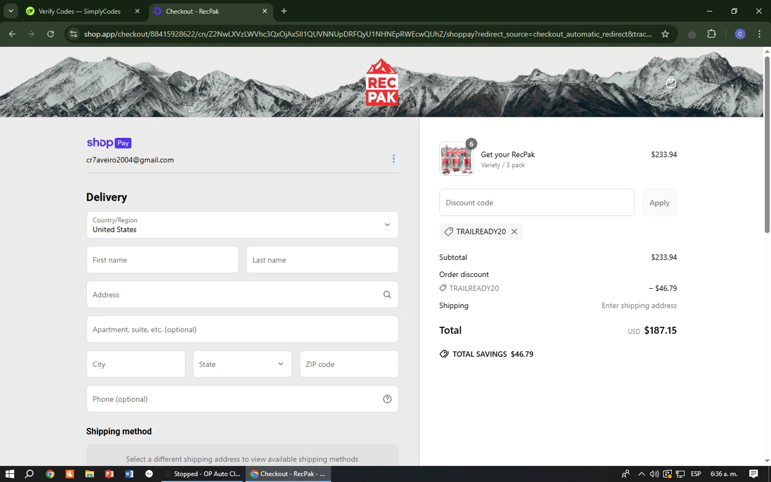 Recpak promo code screenshot showing code trailready20 applied at Recpak checkout page. Uploaded by SimplyCodes community member Cr7aveiro on Apr 6, 2025