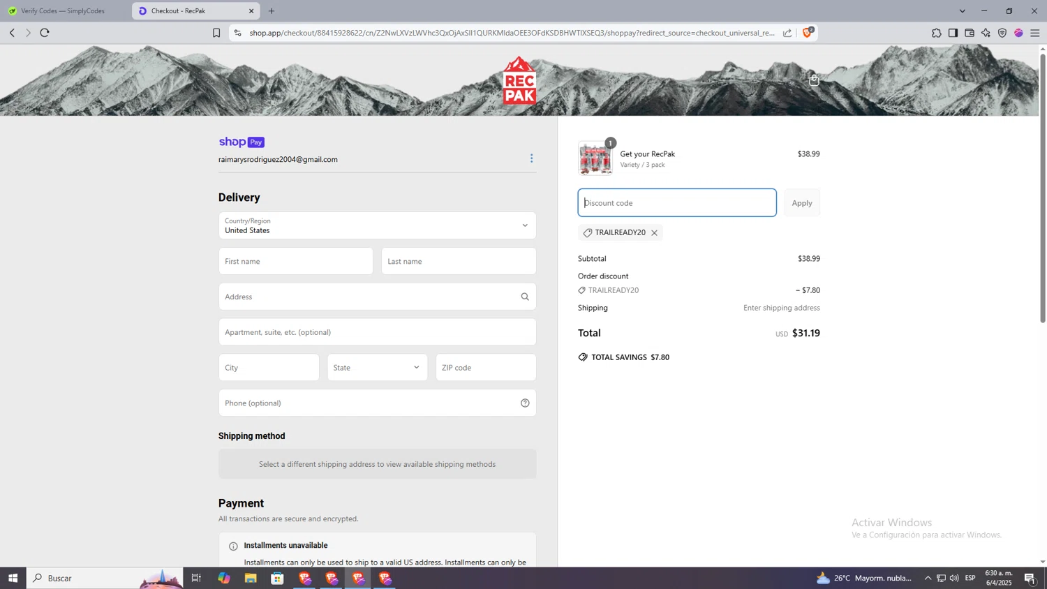 Recpak promo code screenshot showing code trailready20 applied at Recpak checkout page. Uploaded by SimplyCodes community member Machi005 on Apr 6, 2025