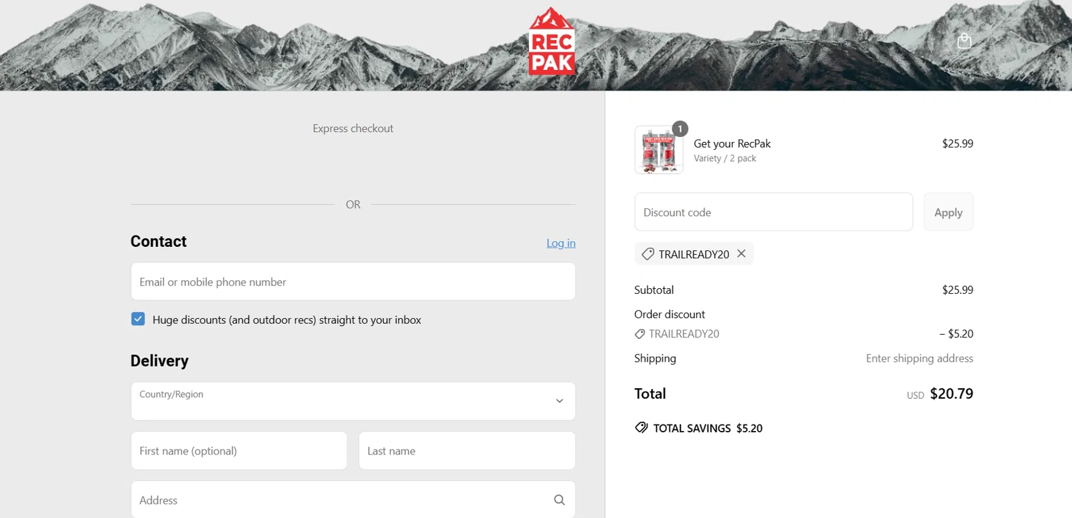 Recpak promo code screenshot showing code trailready20 applied at Recpak checkout page. Uploaded by SimplyCodes community member SavvySentinel4769 on May 5, 2025