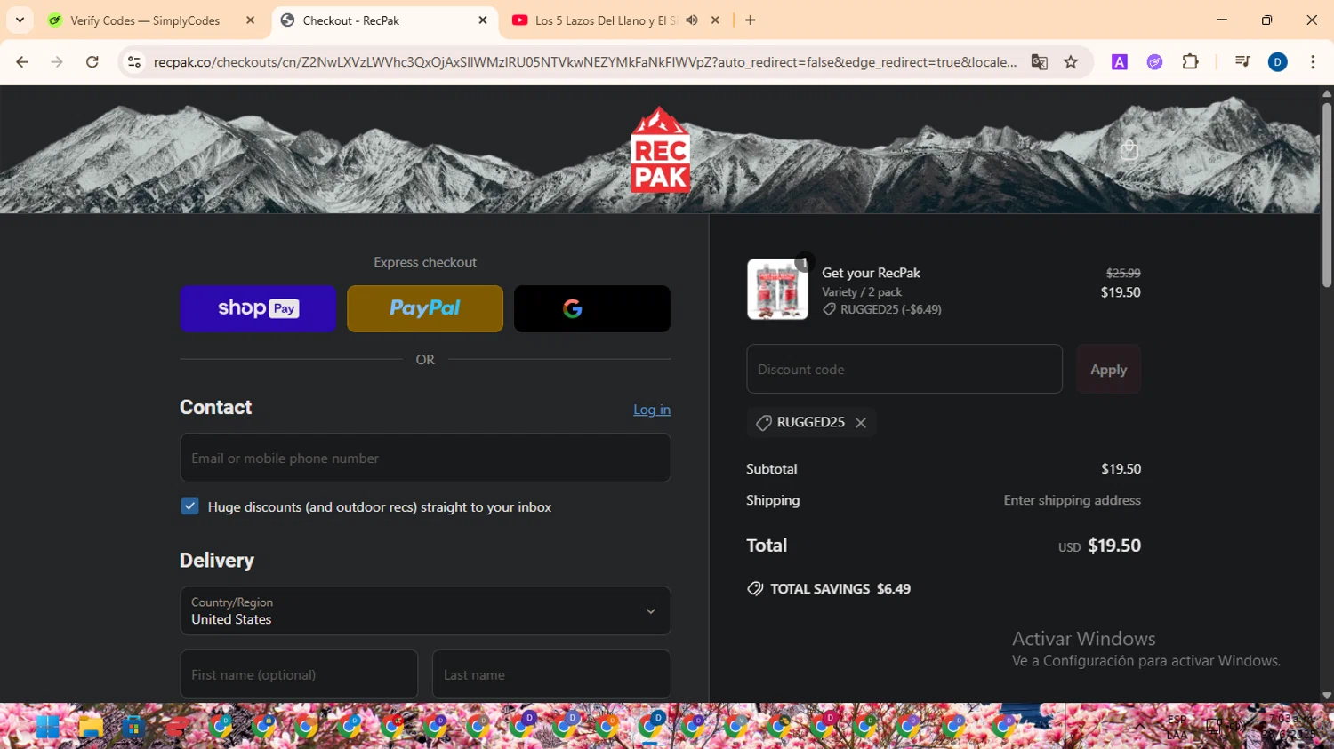Recpak promo code screenshot showing code Rugged25 applied at Recpak checkout page. Uploaded by SimplyCodes community member DealVoyager8768 on Jun 28, 2025