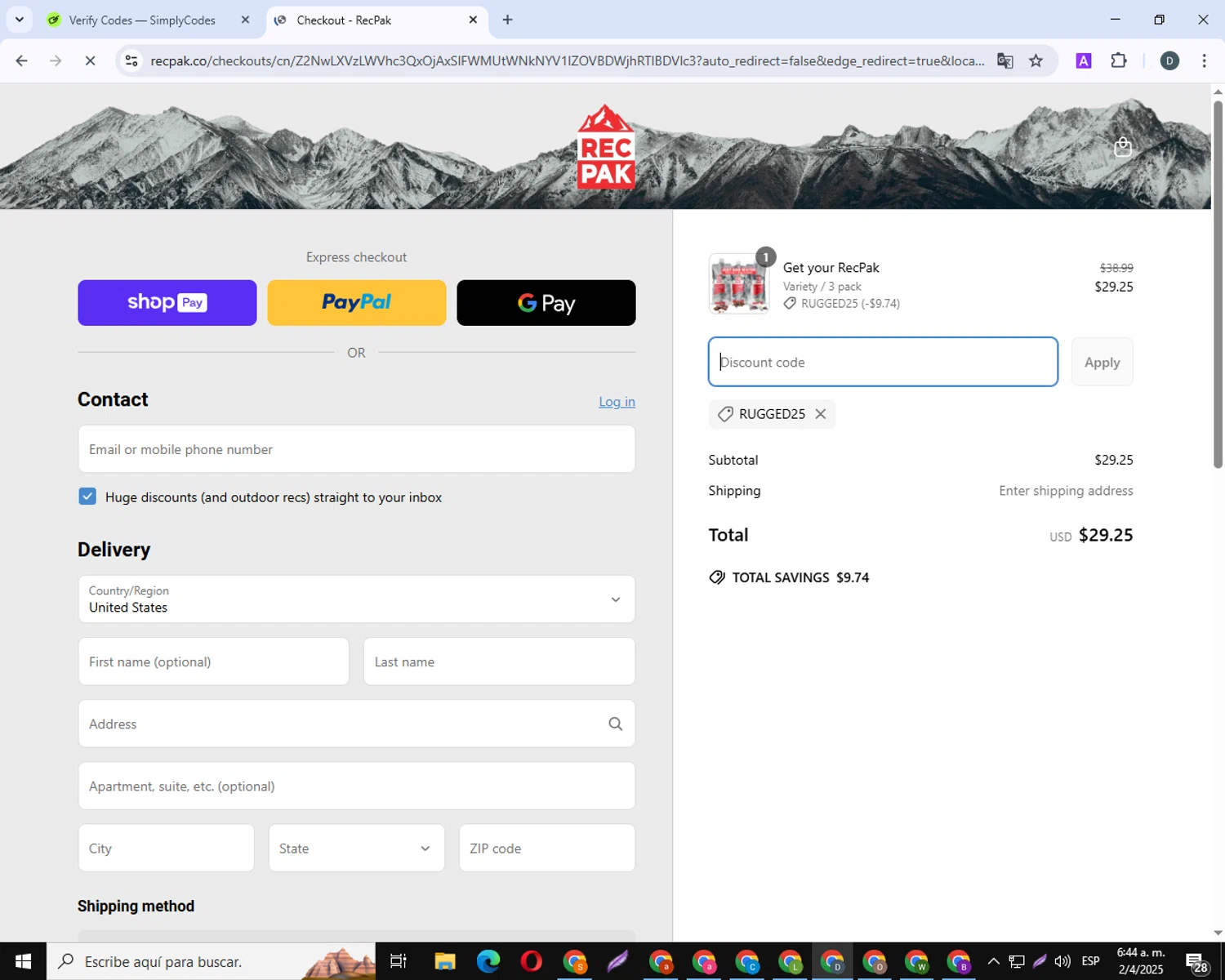 Recpak promo code screenshot showing code Rugged25 applied at Recpak checkout page. Uploaded by SimplyCodes community member PrimeAce8032 on Apr 2, 2025